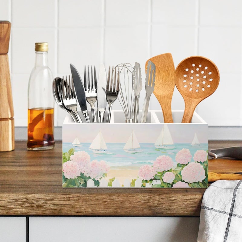 KBRCT Pastel Pink Coastal Hydrangeas Wooden Utensils Holder, Aesthetic Beach Nautical Sailboat Seascape Wood Cooking Utensil Holder Organizer for Kitchen Countertop Counter Decor Accessories - Image 5